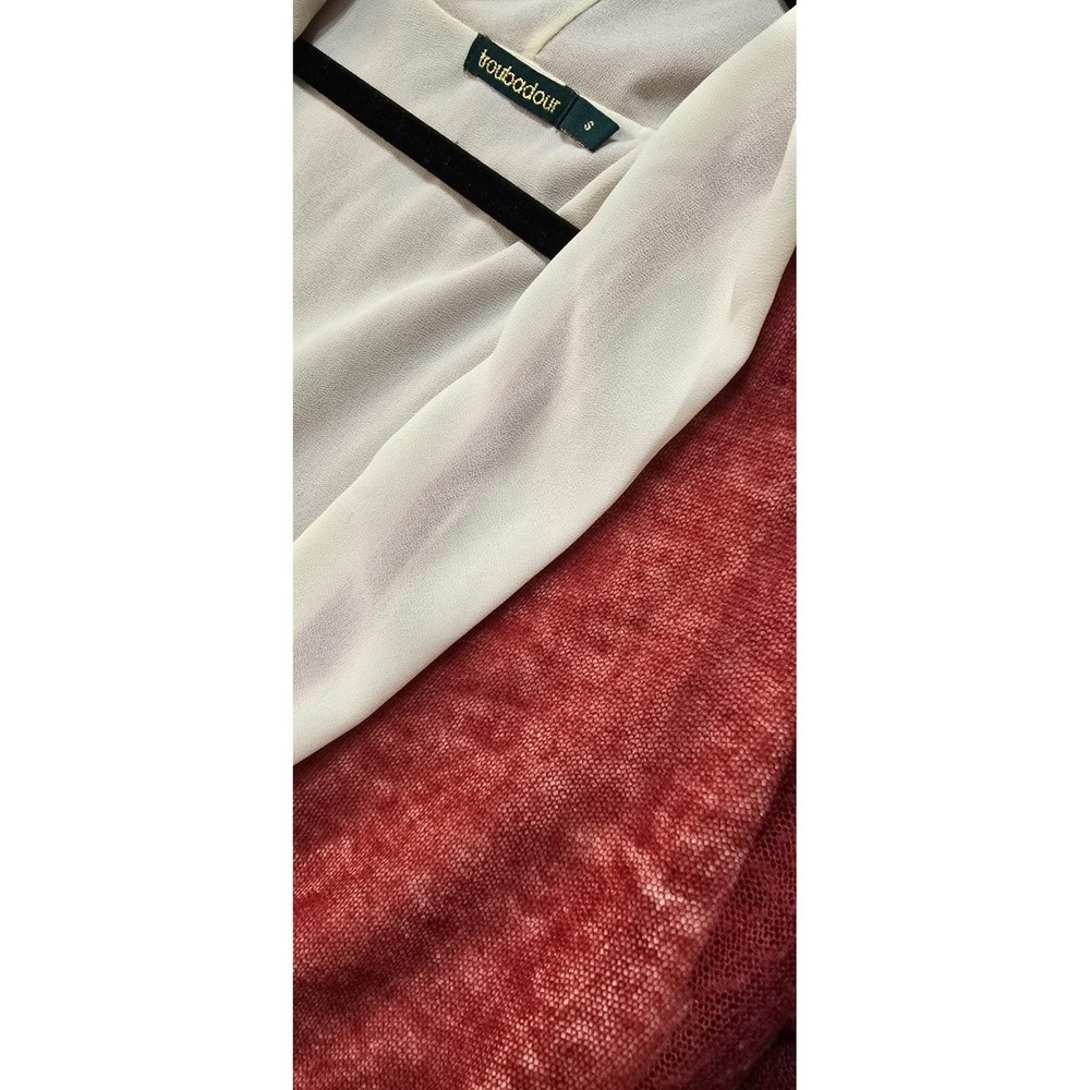 $120 EUC TROUBADOR long sleeve cardigan blouse S berry cream mixed media silk - Picture 4 of 6